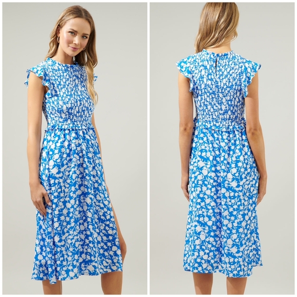 LAST 1❗️SUGARLIPS Palmas Amira Blue Ivory Smocked Midi Dress - Picture 11 of 12